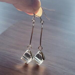 Cube Clear and Blue Crystal Dangle Drop Earrings 925 Silver